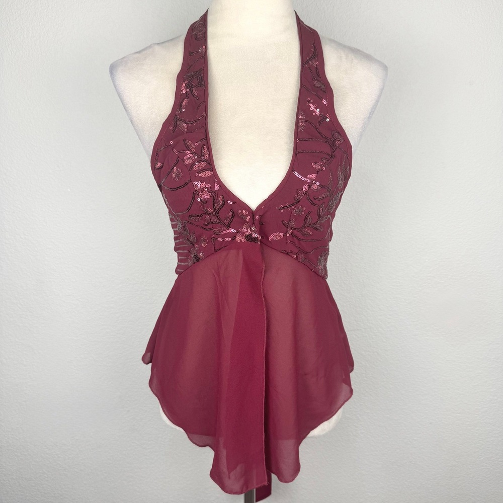 Burgundy Sequin Embroidered Halter Top Sheer Chiffon Front Slit Tie Back Sz XL